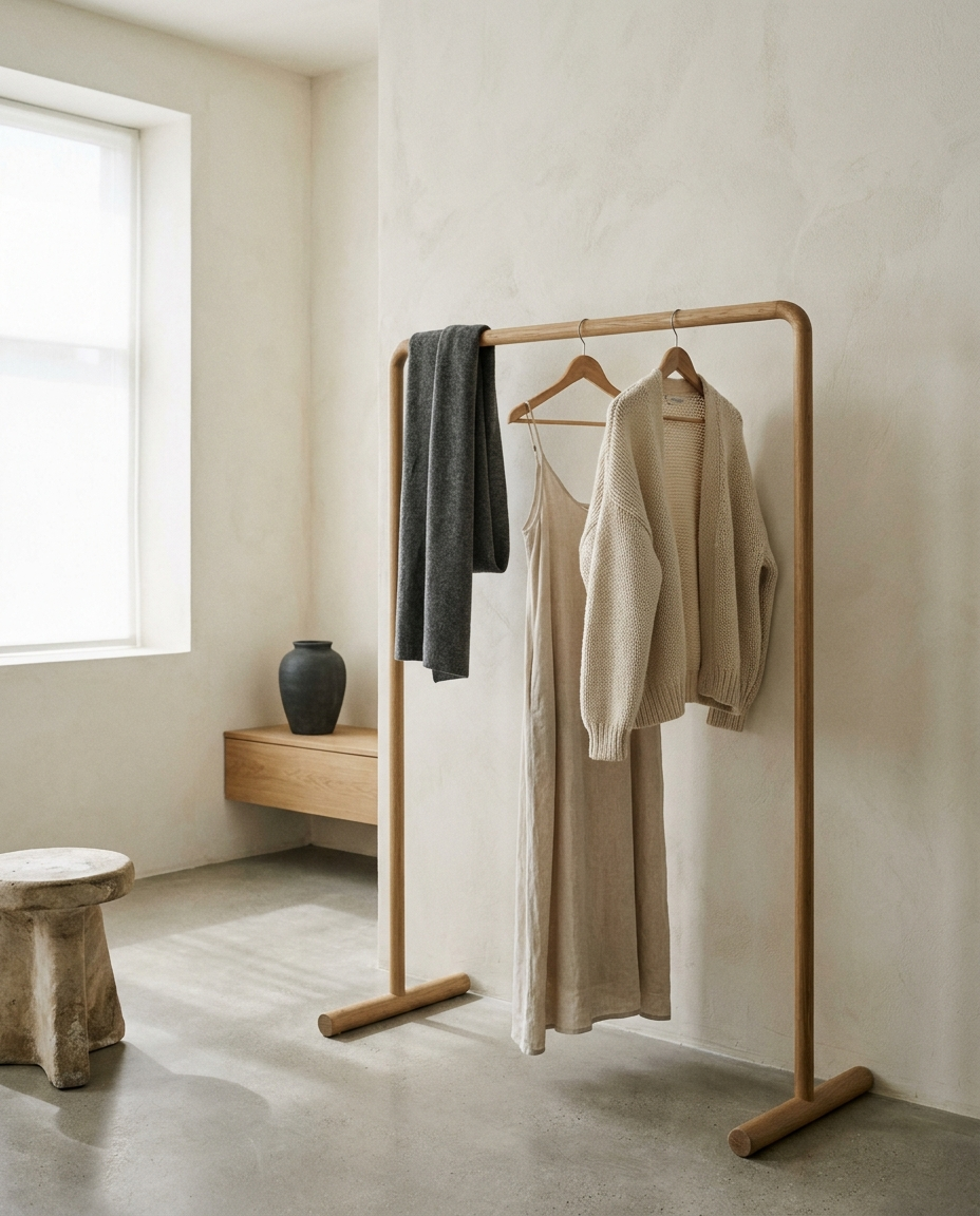A slim oak clothing rail holding a linen dress and knitted cardigan against an ivory plaster wall