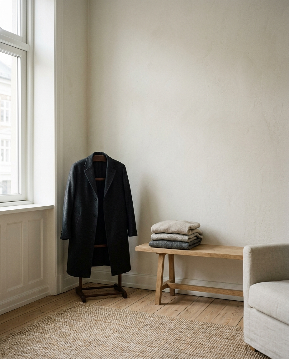 A charcoal wool overcoat on a wooden valet stand beside folded knitwear on an oak bench