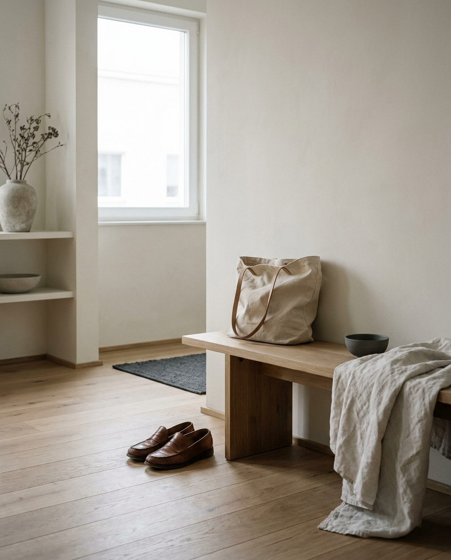 Leather loafers on an oak floor beside a canvas tote resting on a low bench