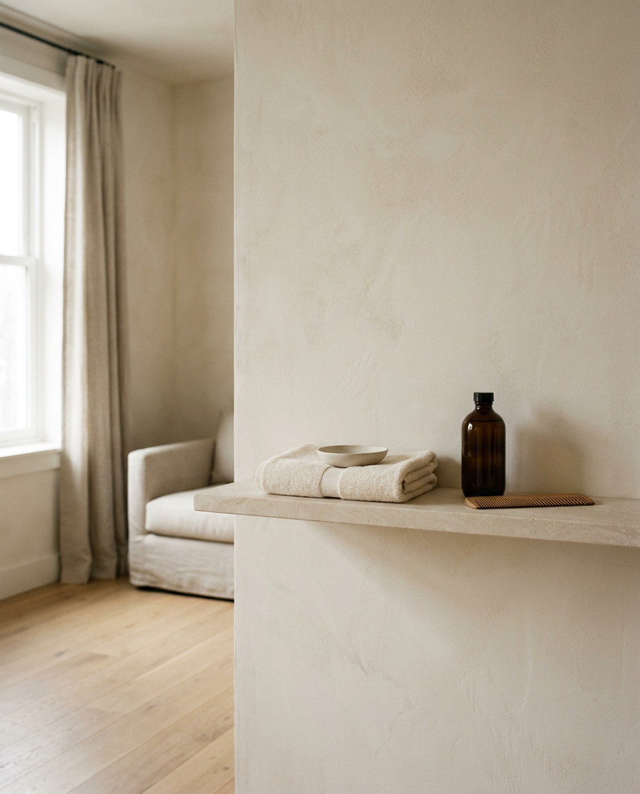 A stone shelf holding a folded cotton towel, ceramic dish, amber glass bottle and wooden comb