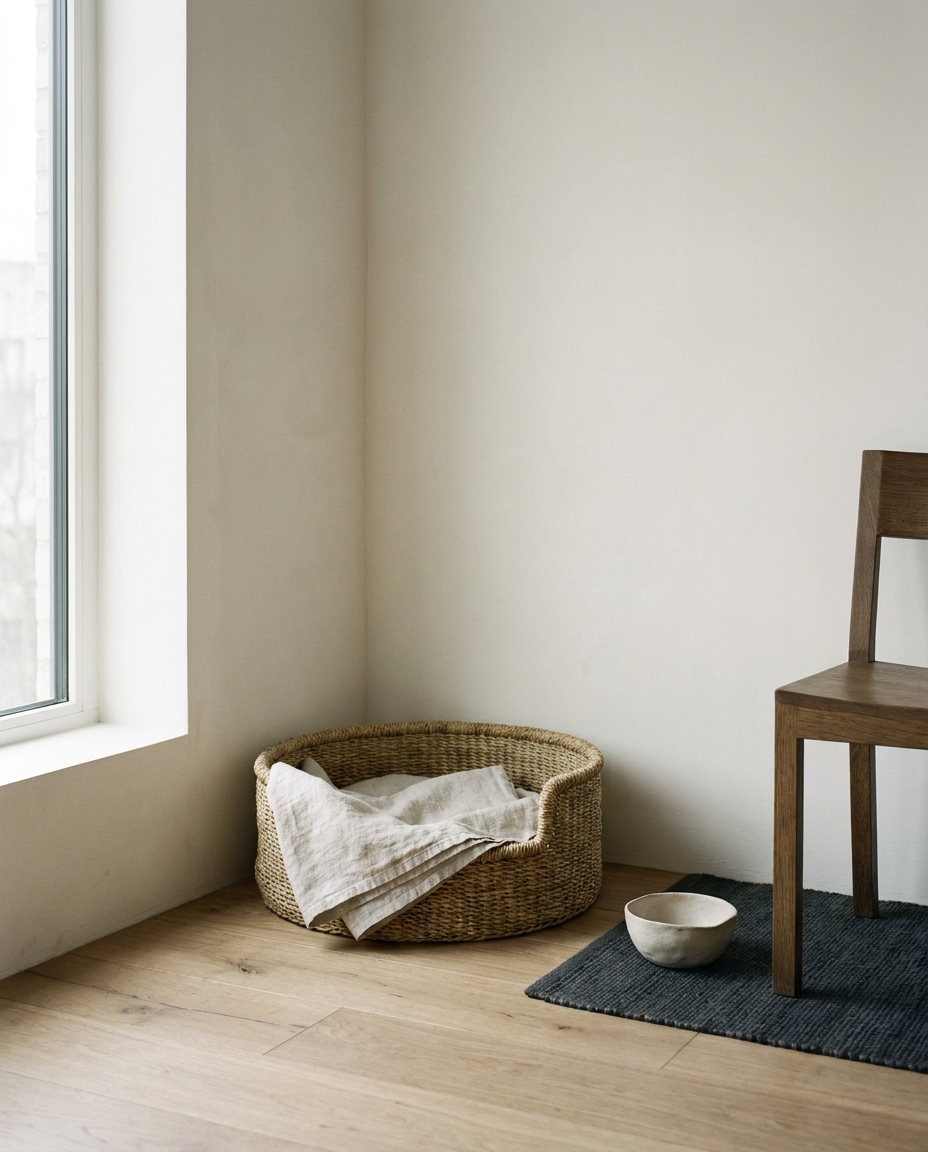 A woven pet bed with a folded linen blanket on an oak floor beside a ceramic bowl