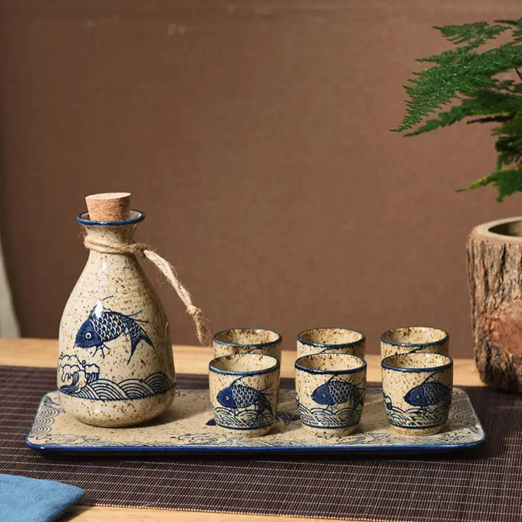 Elegant Ceramic Sake Set | Traditional Japanese Design with Koi Motif | Handcrafted for Versatile Serving