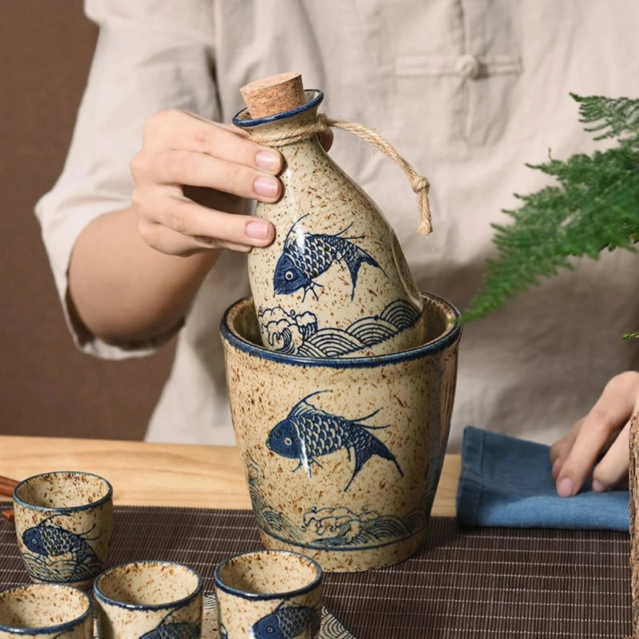 Elegant Ceramic Sake Set | Traditional Japanese Design with Koi Motif | Handcrafted for Versatile Serving