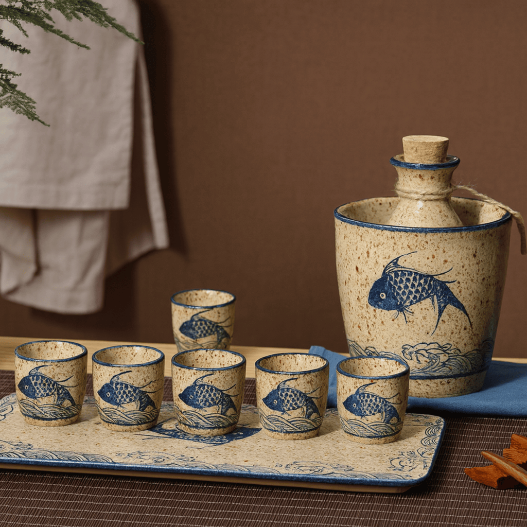 Elegant Ceramic Sake Set | Traditional Japanese Design with Koi Motif | Handcrafted for Versatile Serving