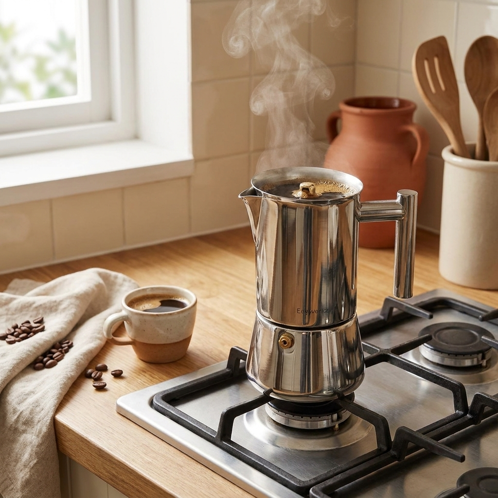 Italian Moka Pot — in use with espresso cup