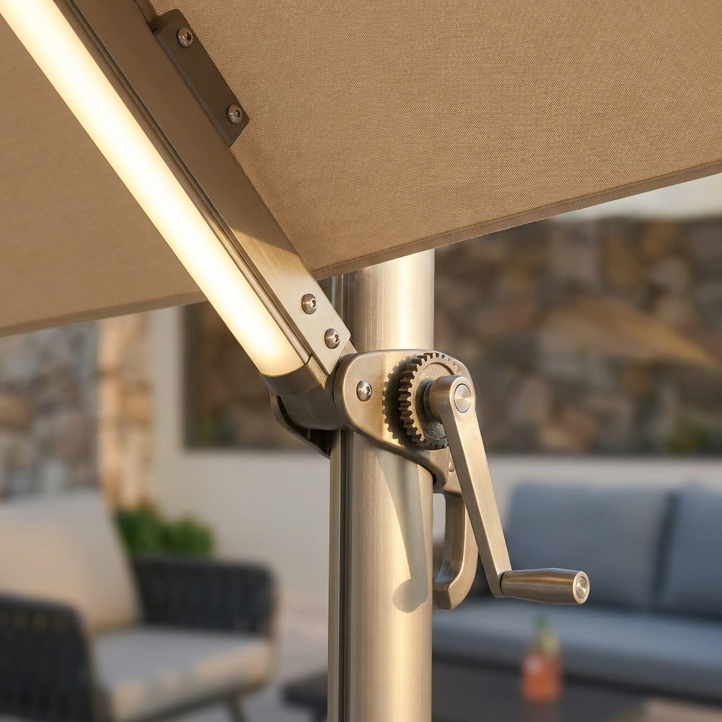 Cantilever LED Patio Umbrella — LED and crank detail
