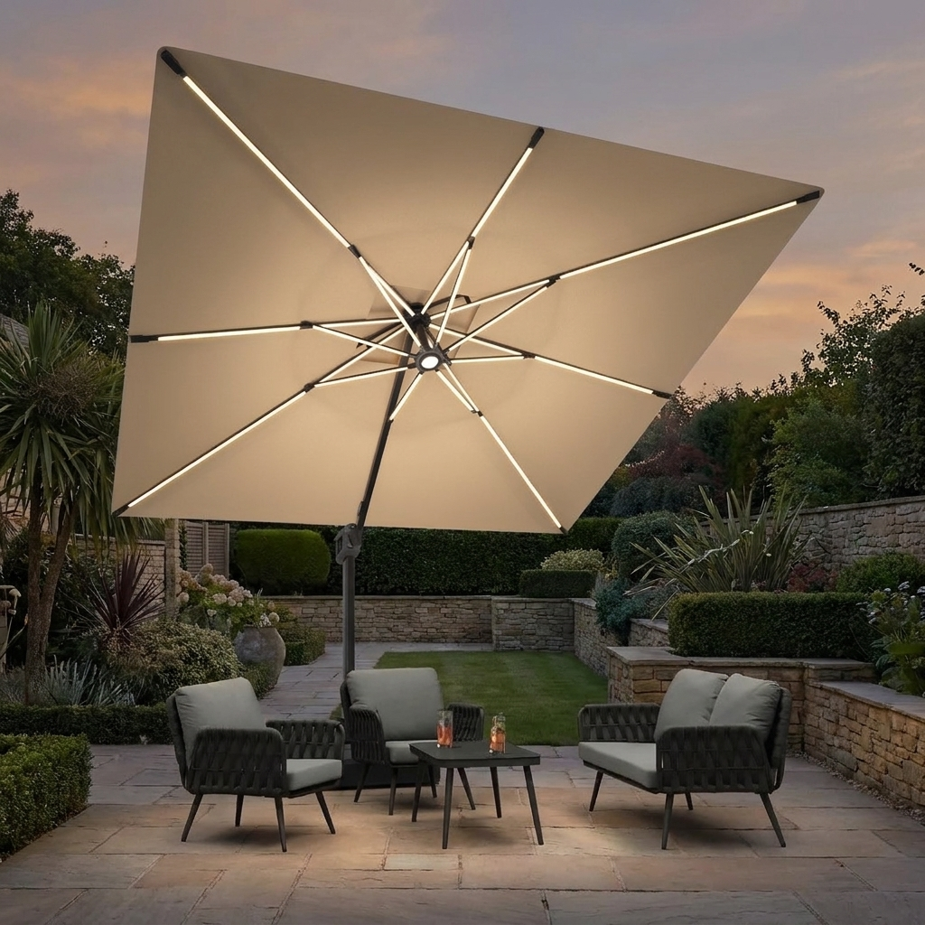 Cantilever LED Patio Umbrella — in use at dusk