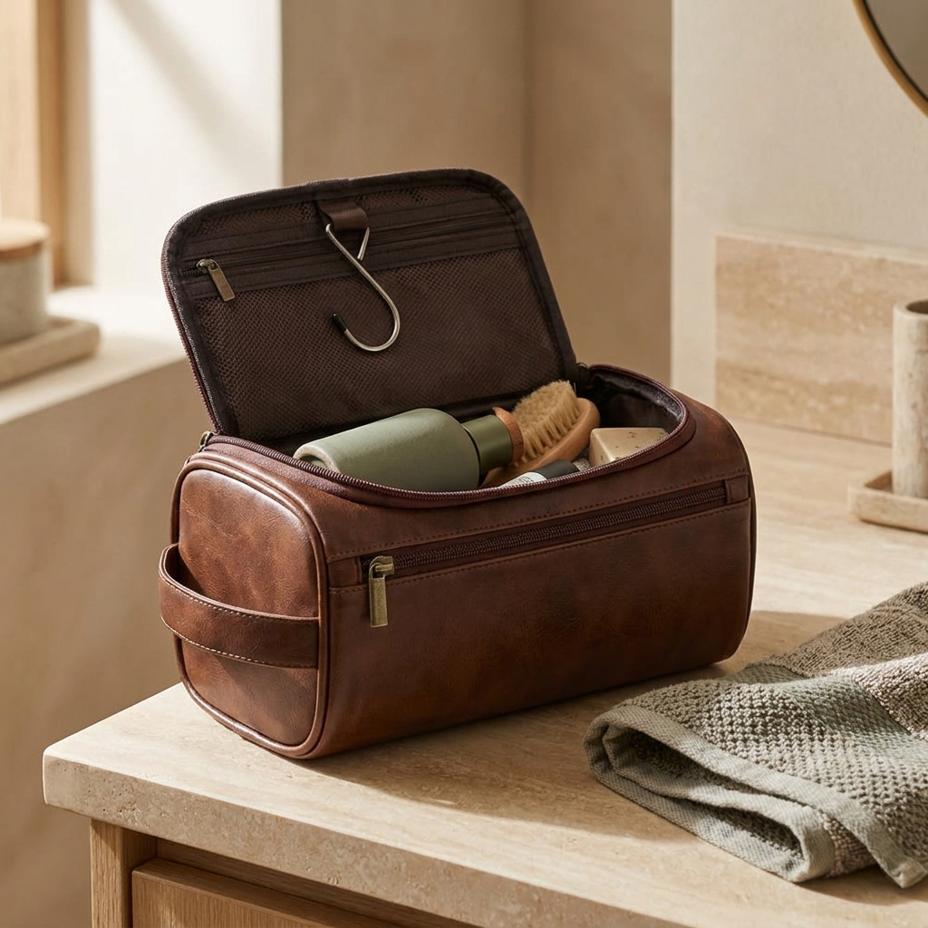 Leather Toiletry Bag — on counter