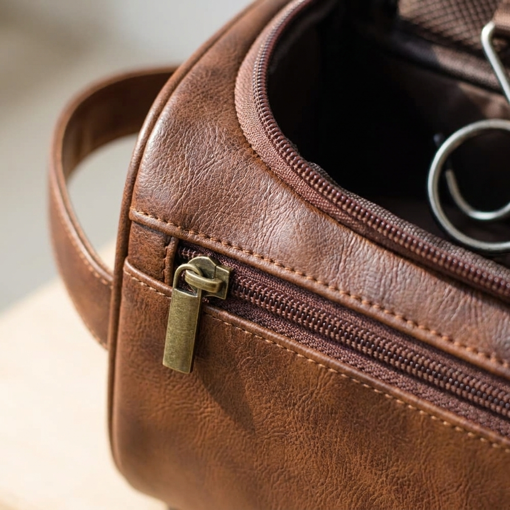Leather Toiletry Bag — leather and zipper detail