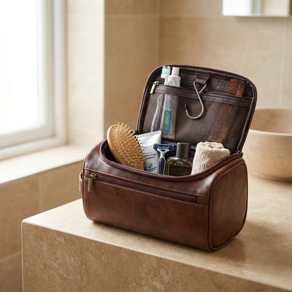 Leather Toiletry Bag — open, in use