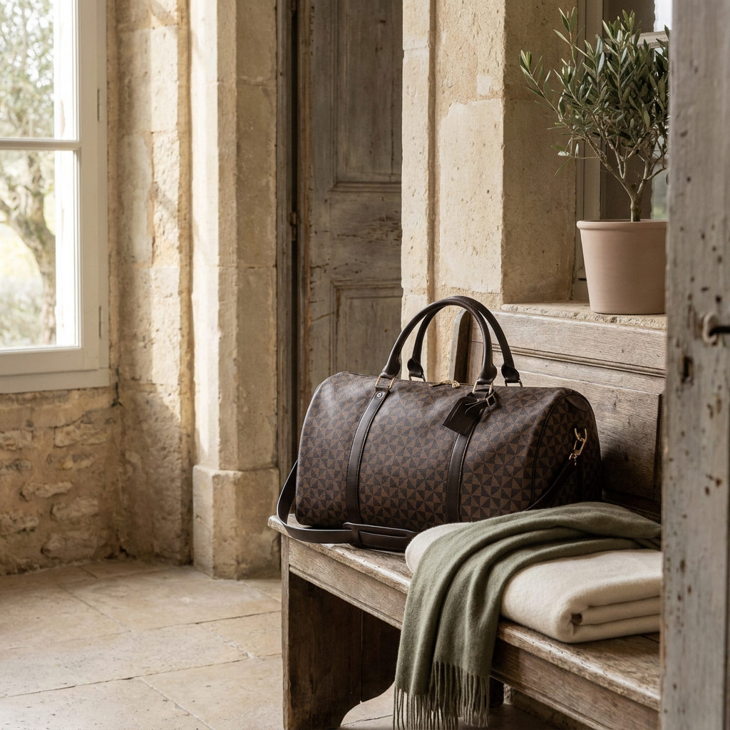 AeroVoyage Leather Duffle — travel setting
