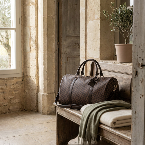 AeroVoyage Leather Duffle — travel setting