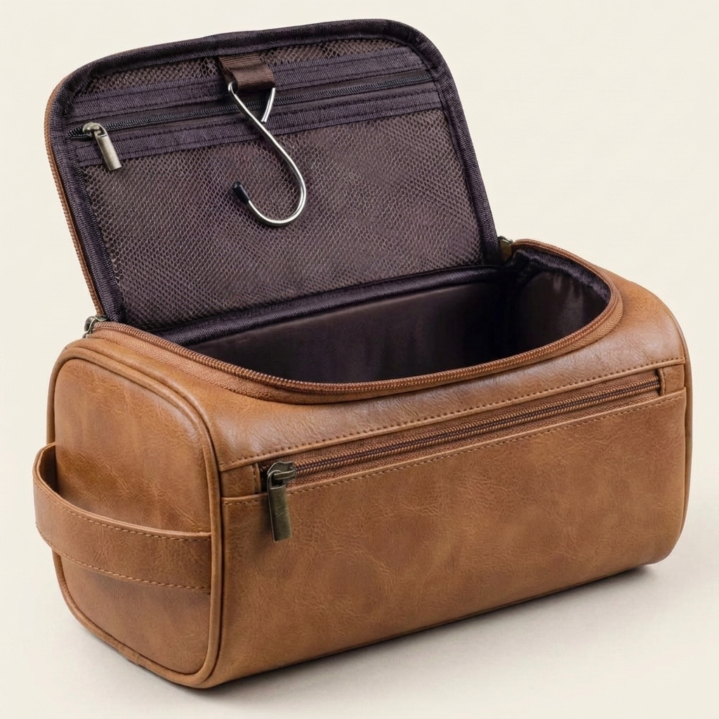 Leather Toiletry Bag — Light brown colourway